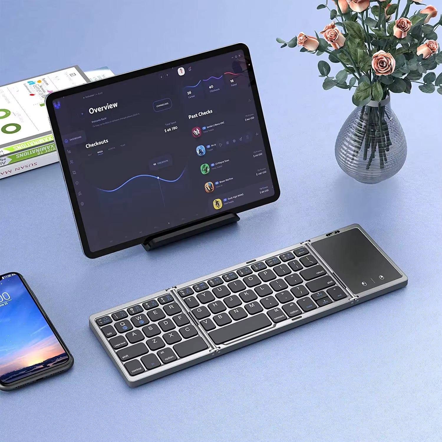 3Folding Keyboard Mini Wireless Keyboard Foldable Dual Bluetooth Keyboard with Touchpad for Windows Android IOS Ipad Phone