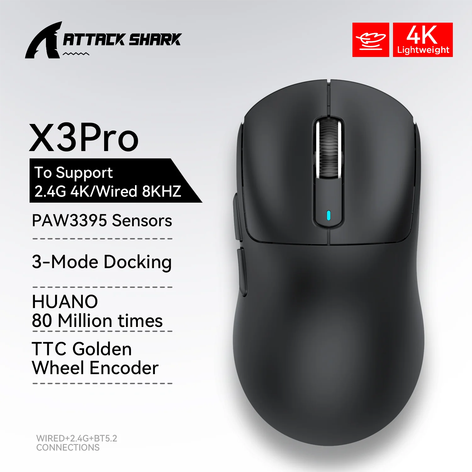 X3Pro X3 Wireless Mouse Lightweight PAW3395 26000Dpi Tri-Mode Connection Macro Gaming Mouse for Win/Xbox/Ps/Mac