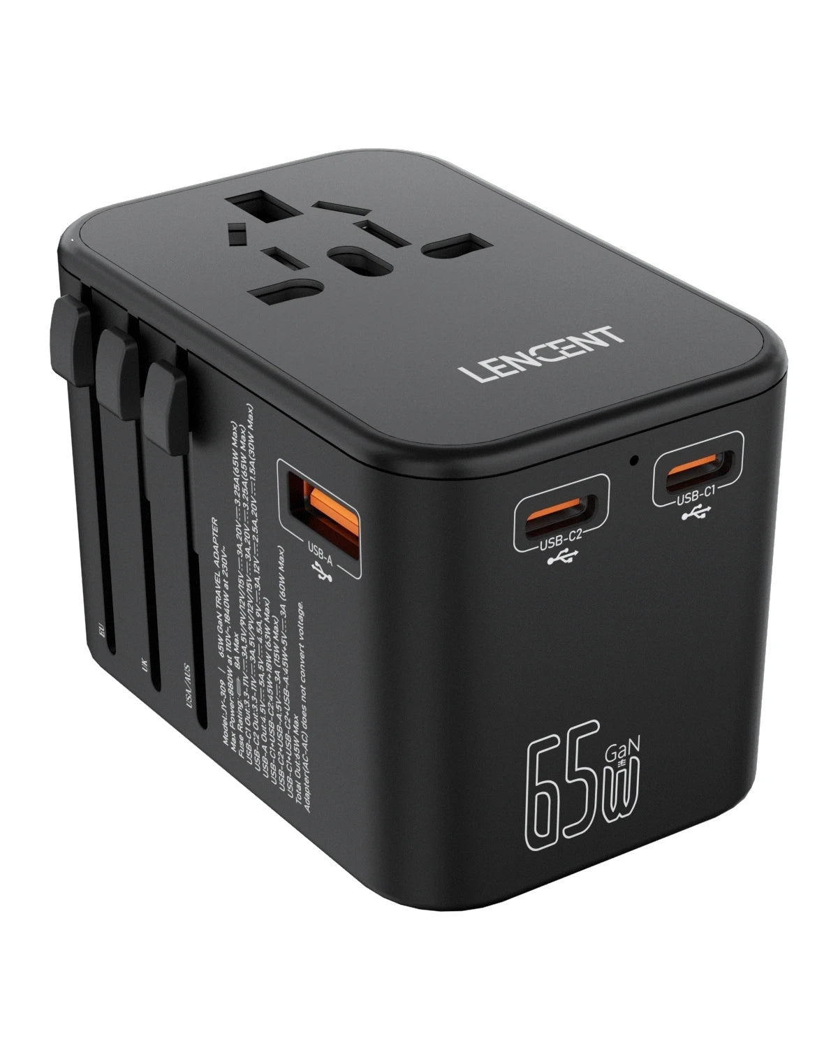 65W/100W Gan International Travel Adapter with 2USB 3 Type C Gan Fast Charging Adapter with EU AU US UK Plug for Travel
