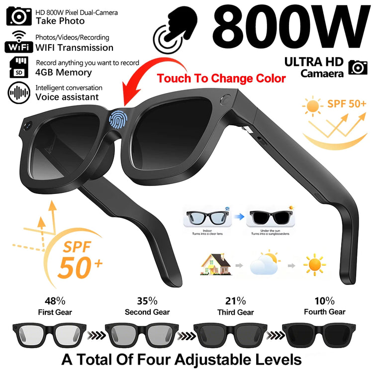E02C Smart Glasses HD Photo Video Record Openai Real-Time Translation Touch Photochromic Lenses Bluetooth Call Music Glasses